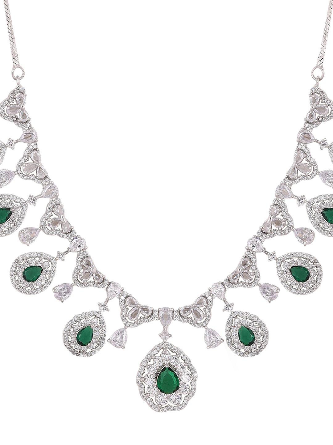 Priyaasi Green AD Stones Drop Style Silver Plating Necklace with Elegant Drop Earrings Jewellery Set