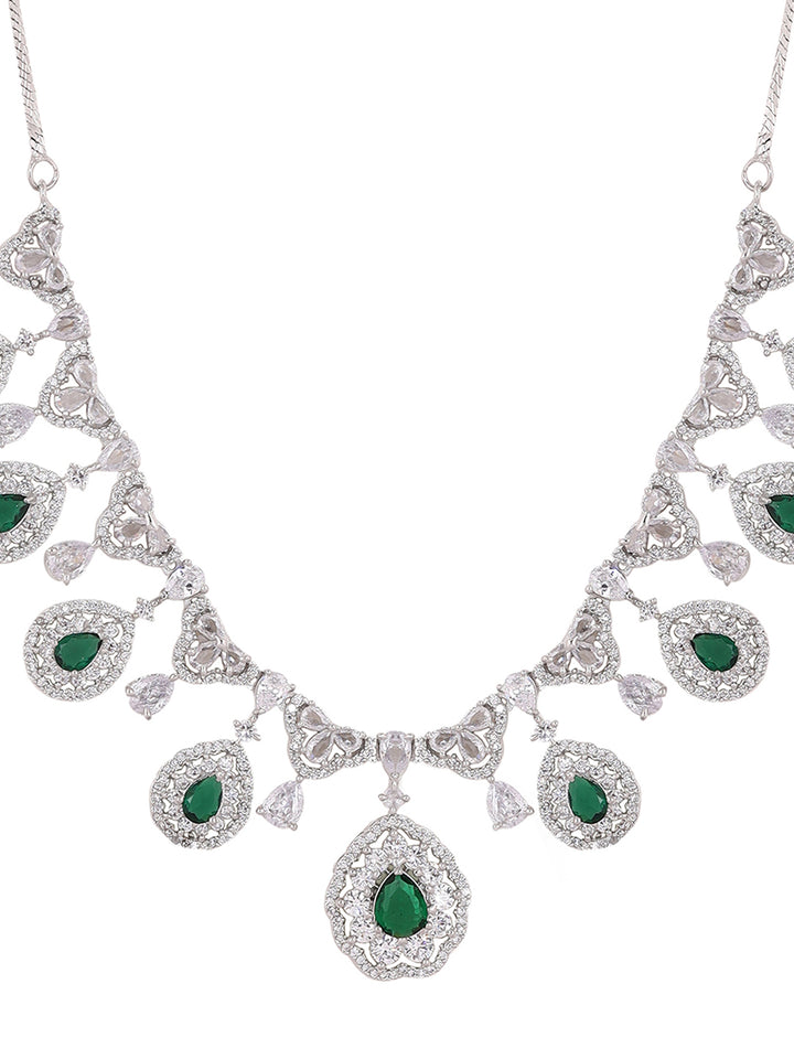 Priyaasi Green AD Stones Drop Style Silver Plating Necklace with Elegant Drop Earrings Jewellery Set