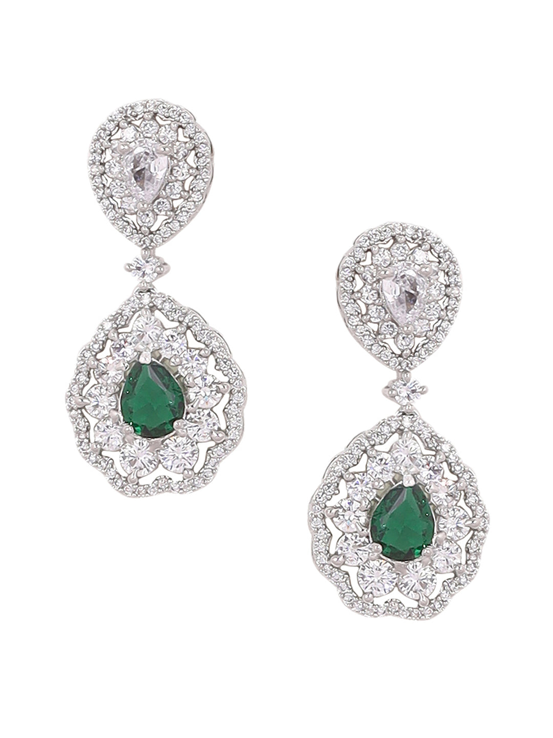 Priyaasi Green AD Stones Drop Style Silver Plating Necklace with Elegant Drop Earrings Jewellery Set