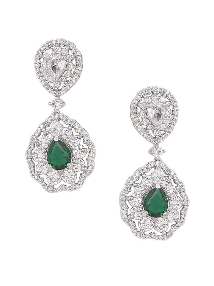 Priyaasi Green AD Stones Drop Style Silver Plating Necklace with Elegant Drop Earrings Jewellery Set