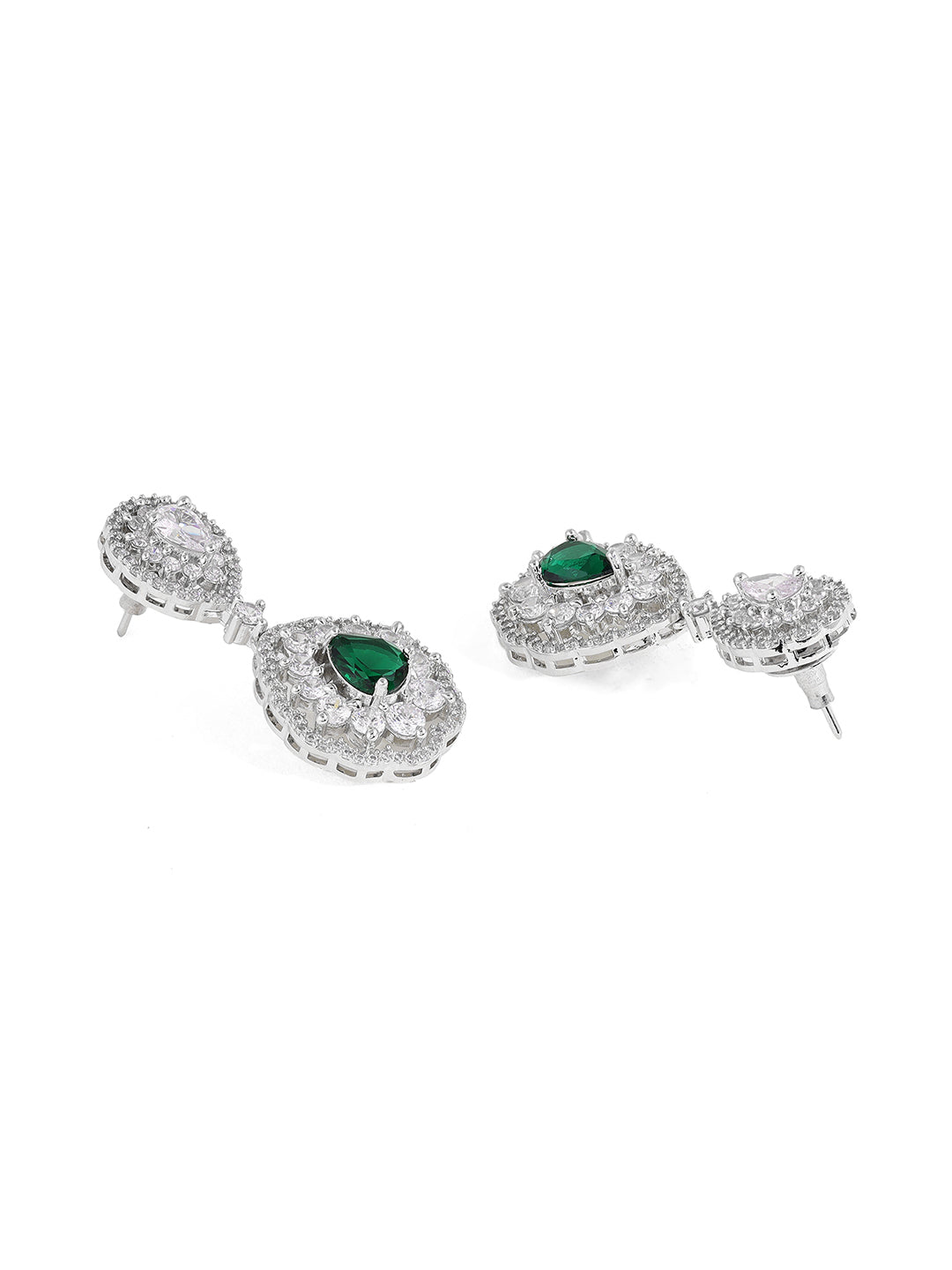 Priyaasi Green AD Stones Drop Style Silver Plating Necklace with Elegant Drop Earrings Jewellery Set