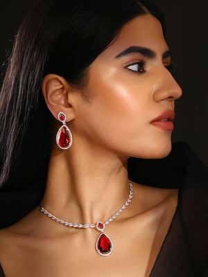 Priyaasi Red Drop StoneAD Silver Plating Elegant Design Necklace with Drop Pattern Earrings Jewellery set