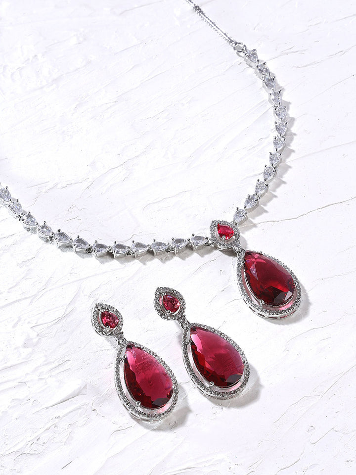 Priyaasi Red Drop StoneAD Silver Plating Elegant Design Necklace with Drop Pattern Earrings Jewellery set