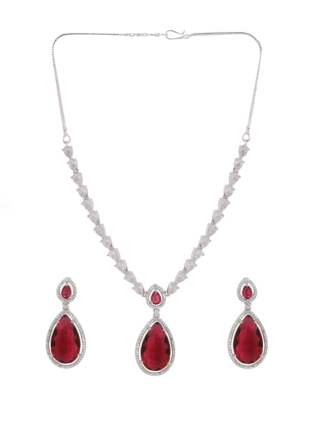 Priyaasi Red Drop StoneAD Silver Plating Elegant Design Necklace with Drop Pattern Earrings Jewellery set