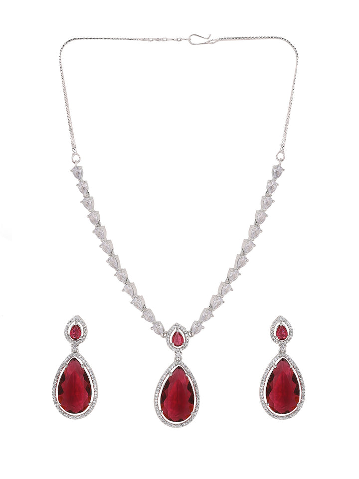 Priyaasi Red Drop StoneAD Silver Plating Elegant Design Necklace with Drop Pattern Earrings Jewellery set