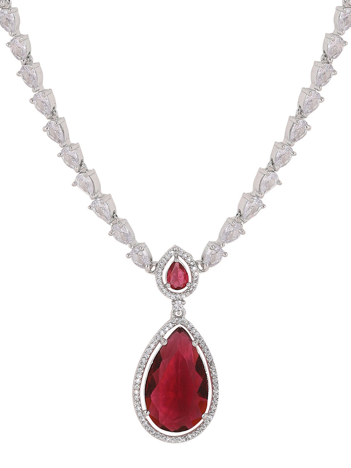 Priyaasi Red Drop StoneAD Silver Plating Elegant Design Necklace with Drop Pattern Earrings Jewellery set