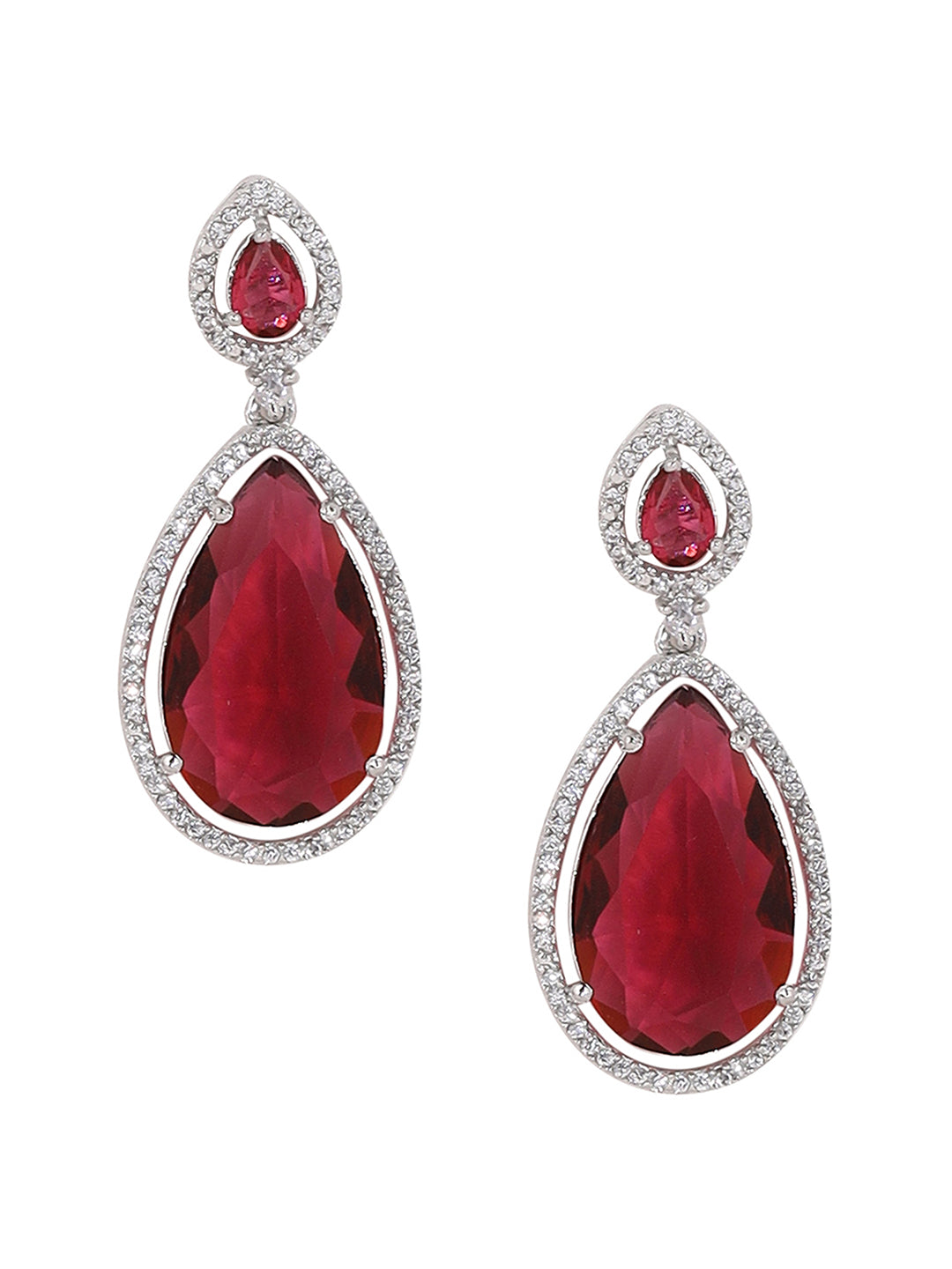 Priyaasi Red Drop StoneAD Silver Plating Elegant Design Necklace with Drop Pattern Earrings Jewellery set