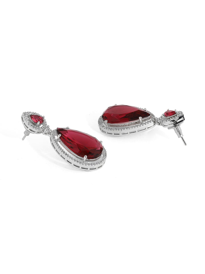 Priyaasi Red Drop StoneAD Silver Plating Elegant Design Necklace with Drop Pattern Earrings Jewellery set