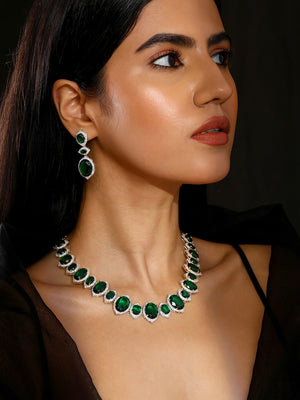 Priyaasi Oval Emeralds AD Design Elegant Necklace Green Drop Earrings Jewellery Set