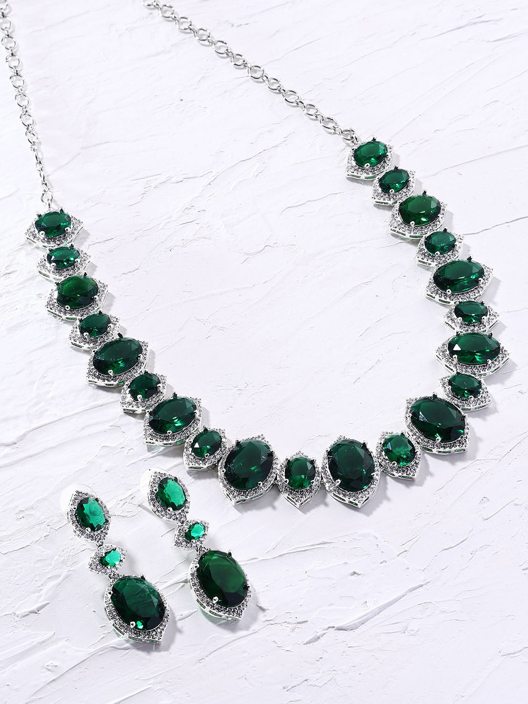 Priyaasi Oval Emeralds AD Design Elegant Necklace Green Drop Earrings Jewellery Set