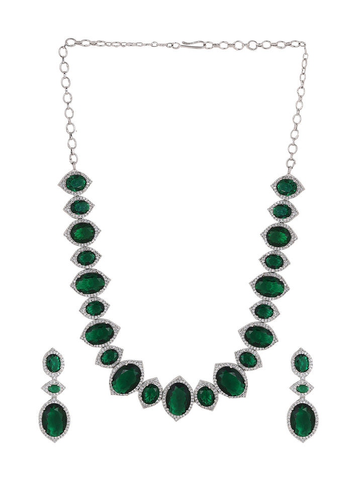 Priyaasi Oval Emeralds AD Design Elegant Necklace Green Drop Earrings Jewellery Set