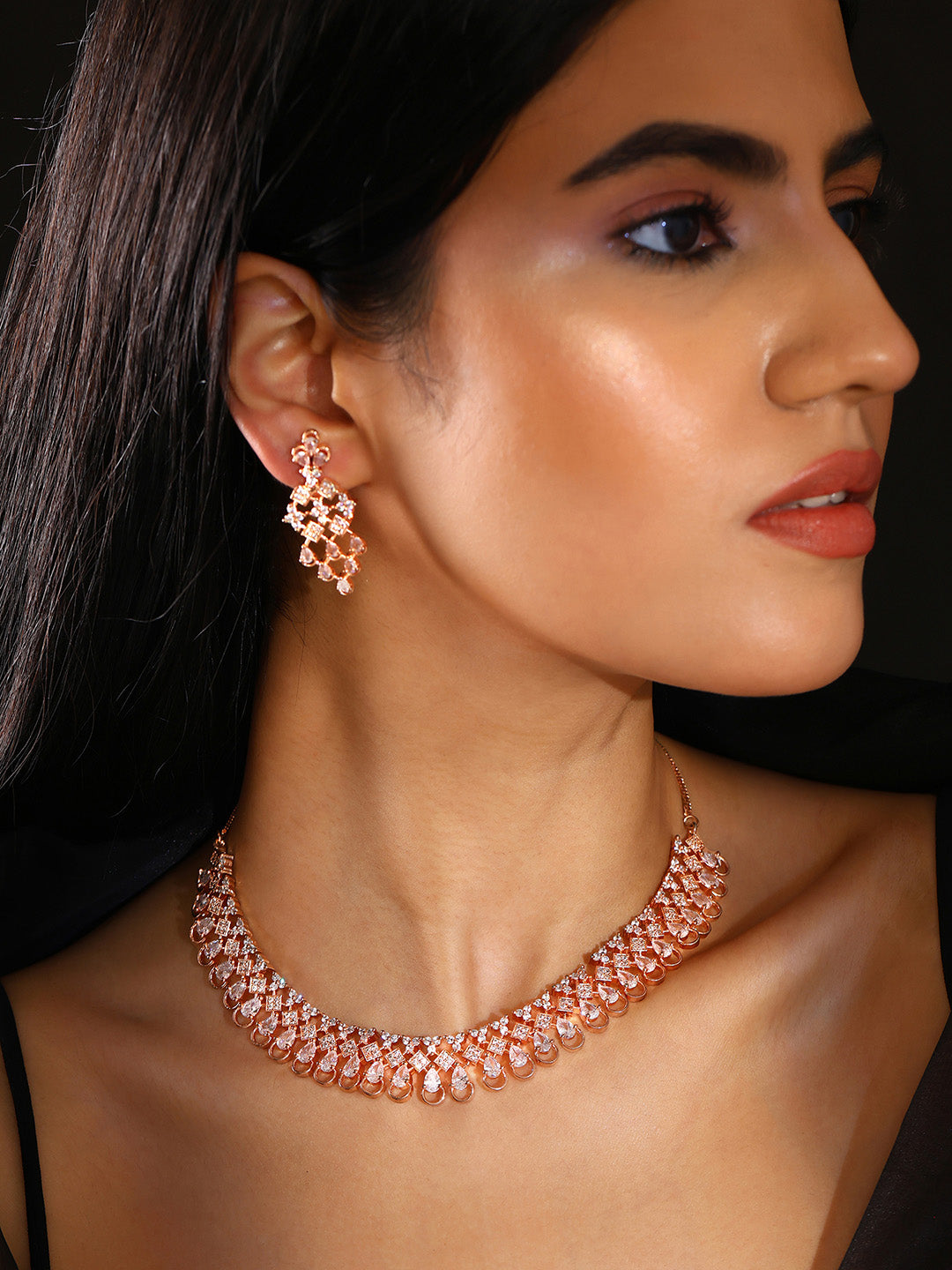 Priyaasi Floral AD Dualtone Fancy Rosegold Necklace with Stylish Drop Earrrings Jewellery Set
