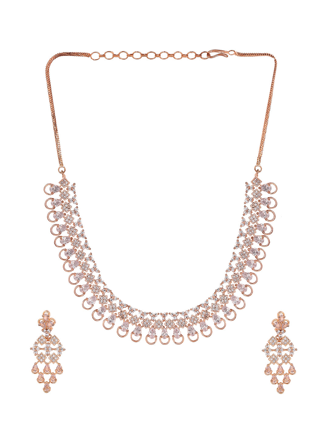 Priyaasi Floral AD Dualtone Fancy Rosegold Necklace with Stylish Drop Earrrings Jewellery Set