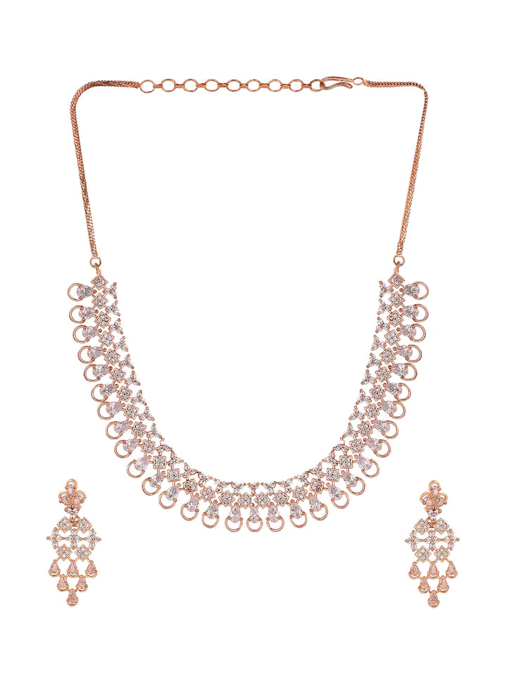 Priyaasi Floral AD Dualtone Fancy Rosegold Necklace with Stylish Drop Earrrings Jewellery Set
