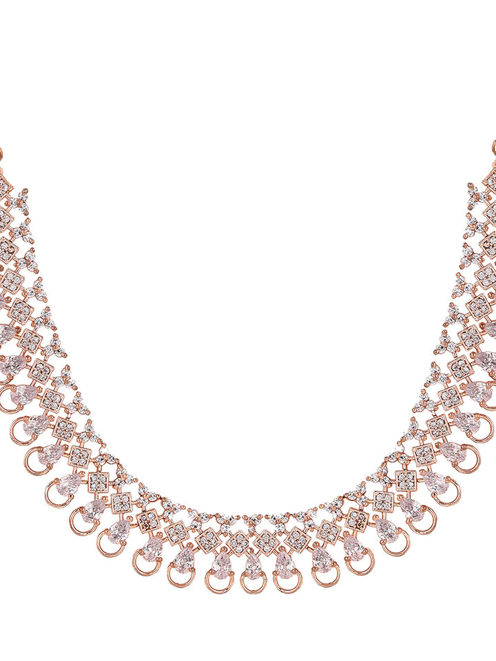 Priyaasi Floral AD Dualtone Fancy Rosegold Necklace with Stylish Drop Earrrings Jewellery Set