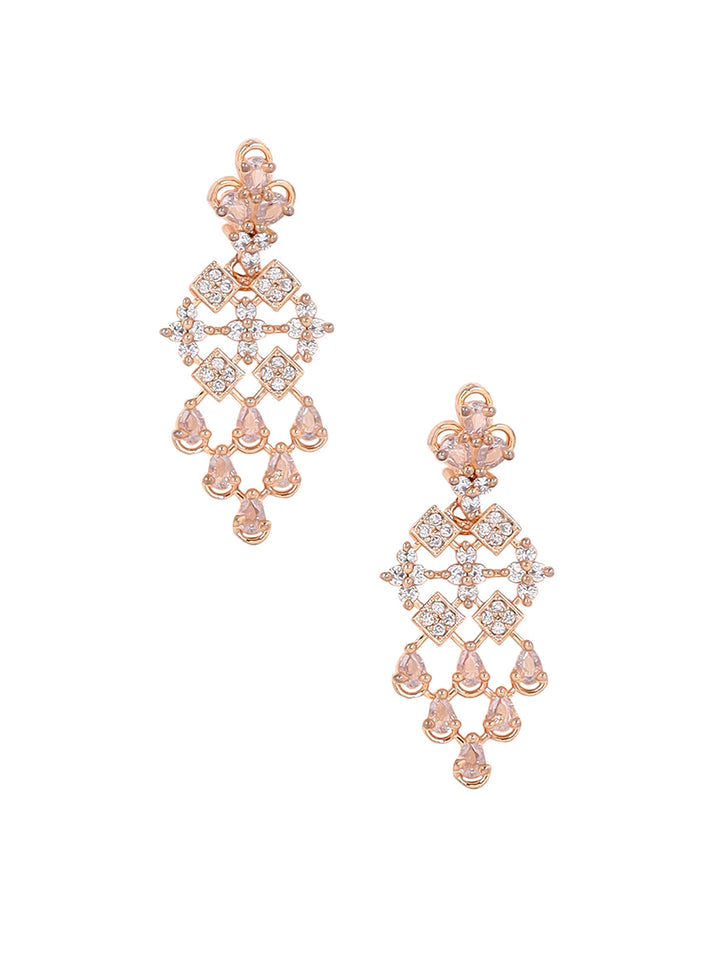 Priyaasi Floral AD Dualtone Fancy Rosegold Necklace with Stylish Drop Earrrings Jewellery Set