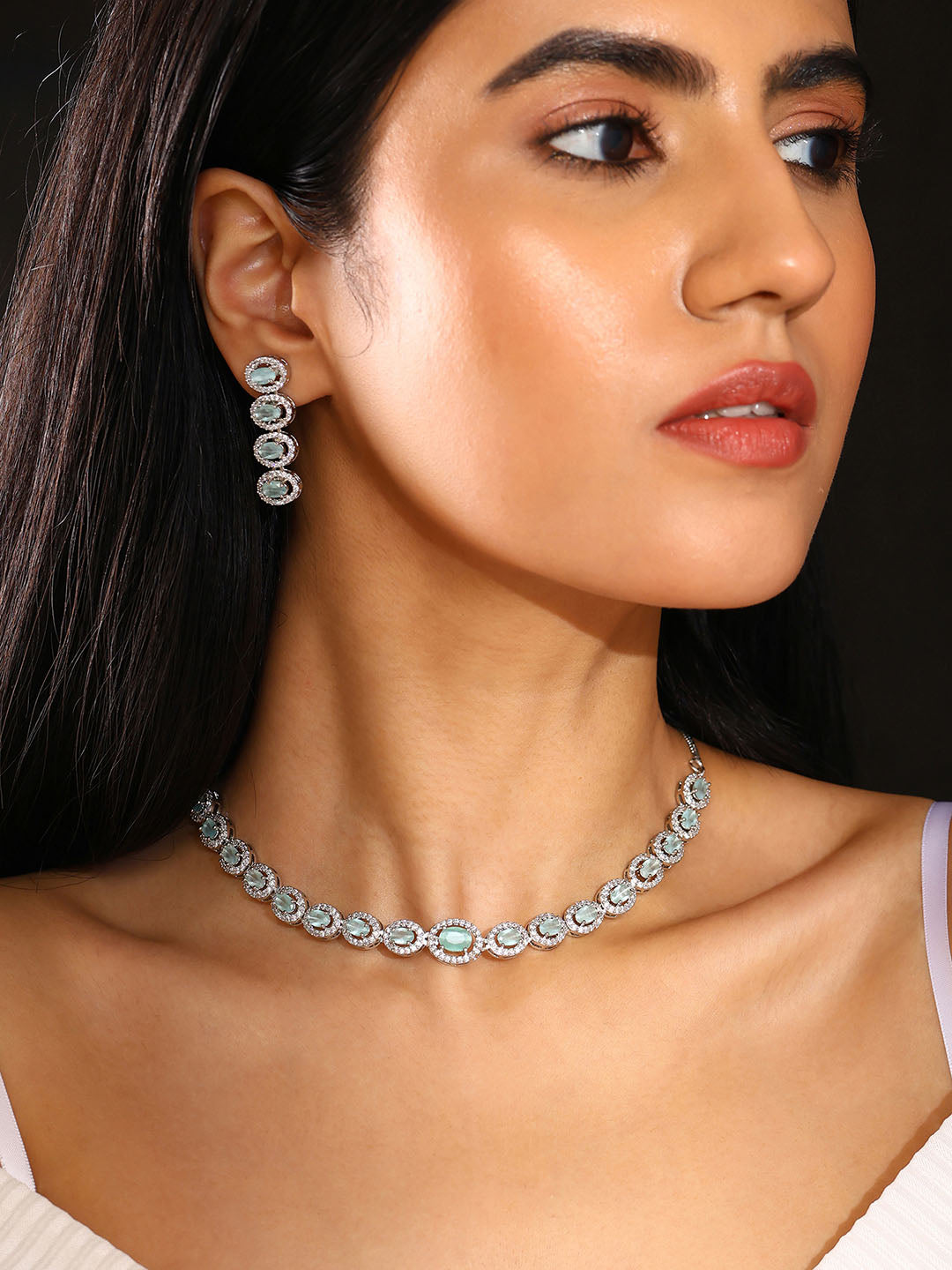 Priyaasi AD Mint Stones Geometrical Pattern Silver Plating Necklace with Drop Style Earrings Jewellery Set