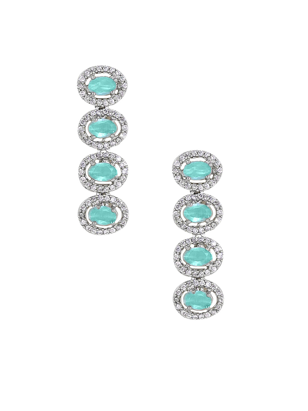 Priyaasi AD Mint Stones Geometrical Pattern Silver Plating Necklace with Drop Style Earrings Jewellery Set