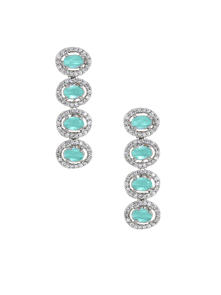 Priyaasi AD Mint Stones Geometrical Pattern Silver Plating Necklace with Drop Style Earrings Jewellery Set