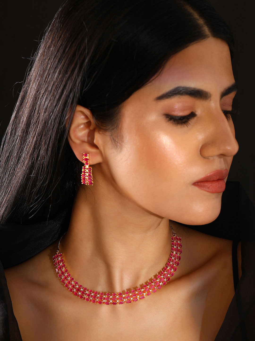 Priyaasi Fancy AD Ruby Stones Gold Plating Necklace with Elegant Drop Earrings Jewellery Set