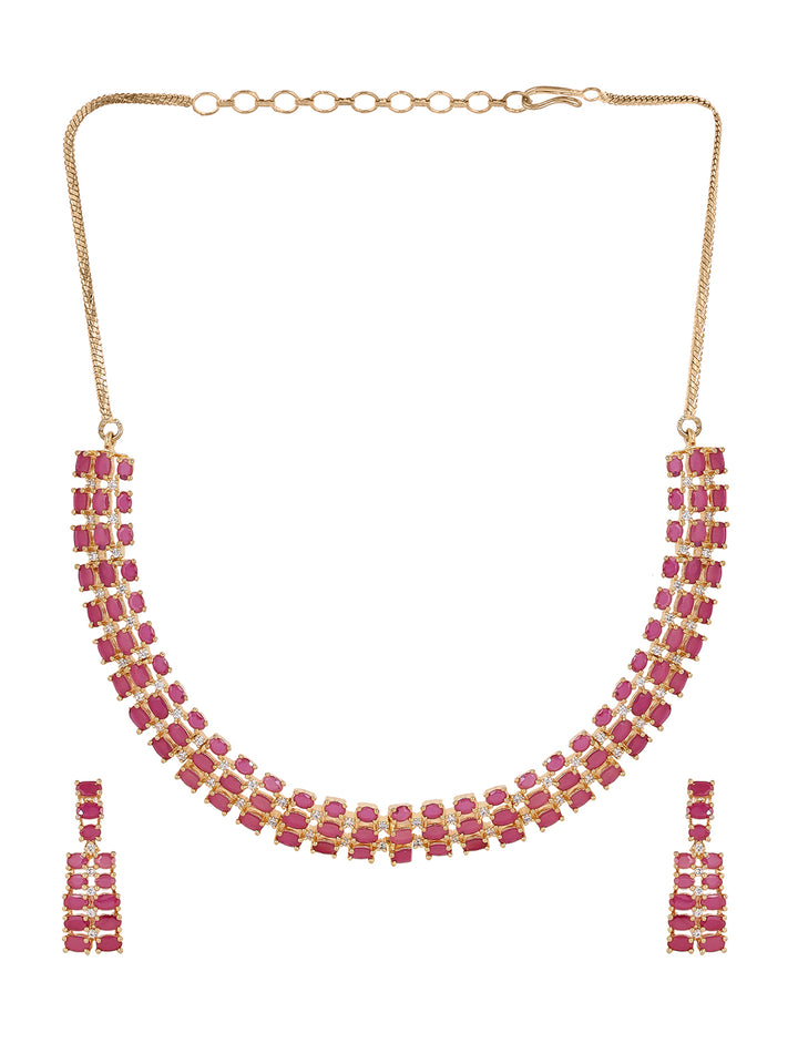 Priyaasi Fancy AD Ruby Stones Gold Plating Necklace with Elegant Drop Earrings Jewellery Set