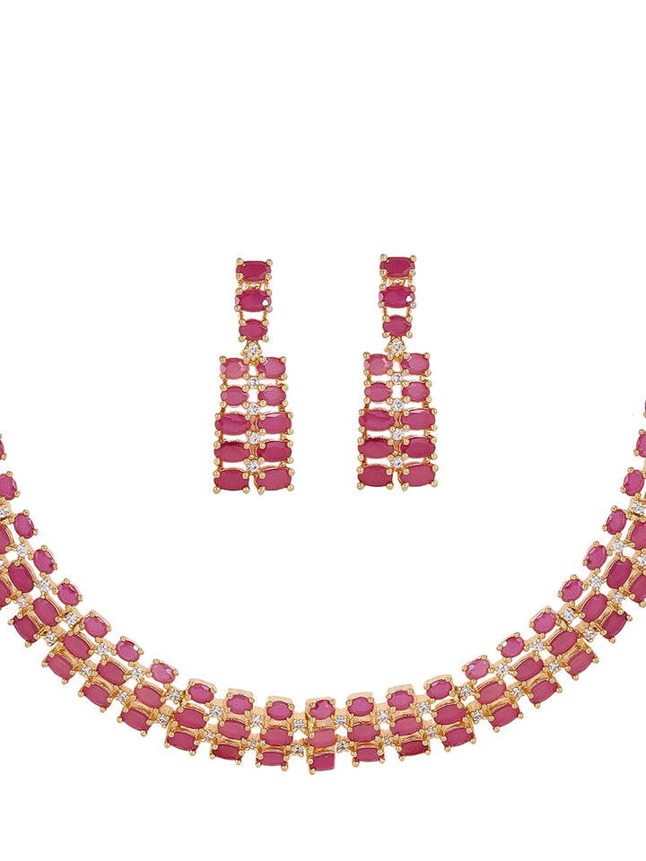 Priyaasi Fancy AD Ruby Stones Gold Plating Necklace with Elegant Drop Earrings Jewellery Set