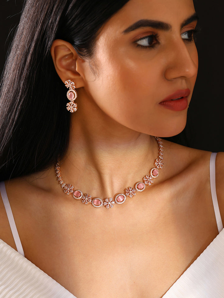 Priyaasi Floral Rosegold plated Adorned Geometrical Design Necklace with Drop Style Earrings Jewellery Set