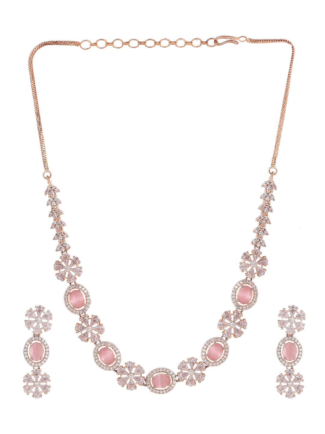 Priyaasi Floral Rosegold plated Adorned Geometrical Design Necklace with Drop Style Earrings Jewellery Set