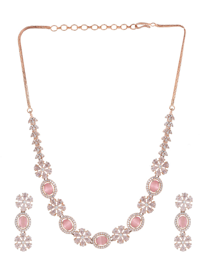 Priyaasi Floral Rosegold plated Adorned Geometrical Design Necklace with Drop Style Earrings Jewellery Set
