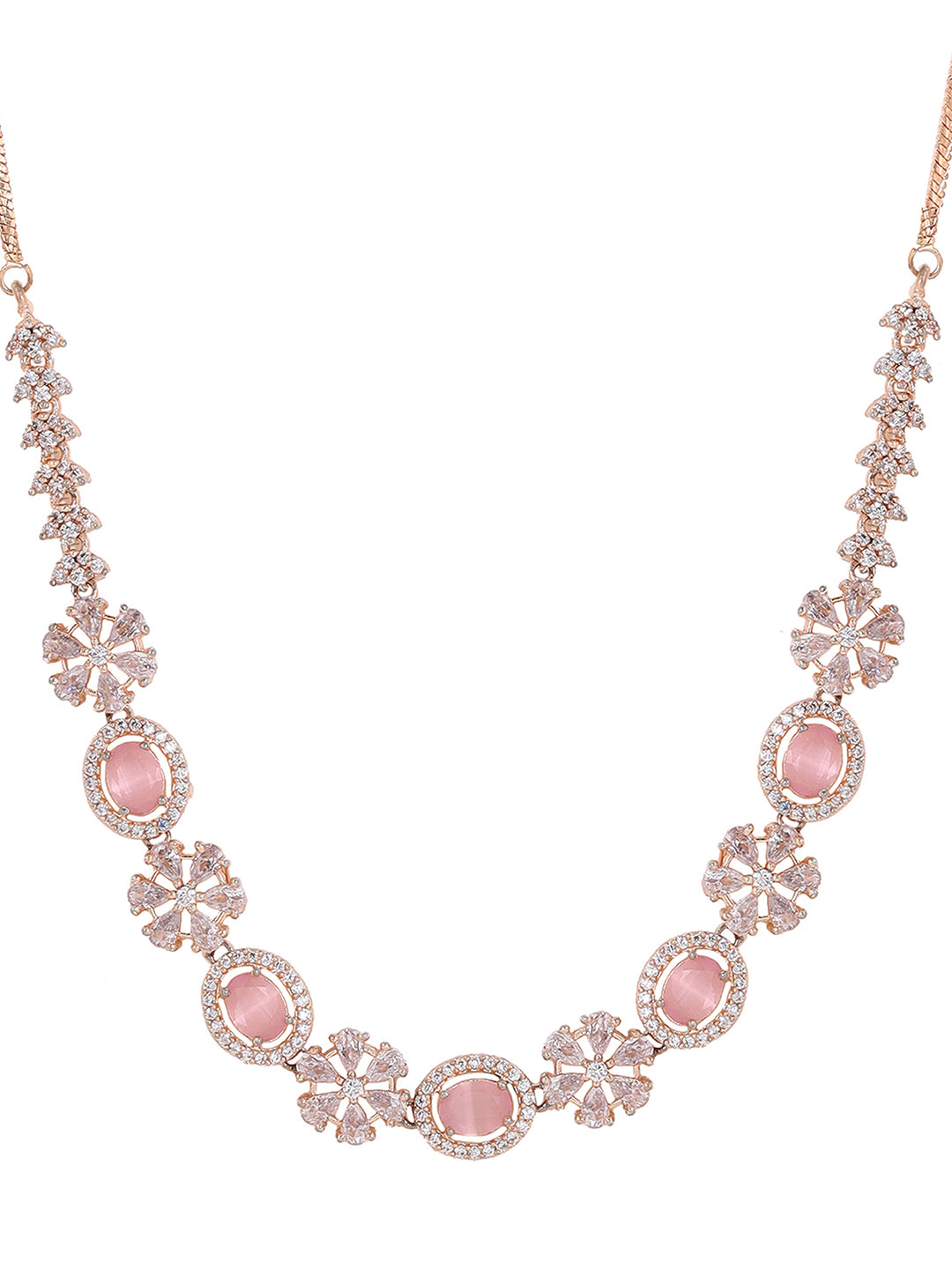 Priyaasi Floral Rosegold plated Adorned Geometrical Design Necklace with Drop Style Earrings Jewellery Set