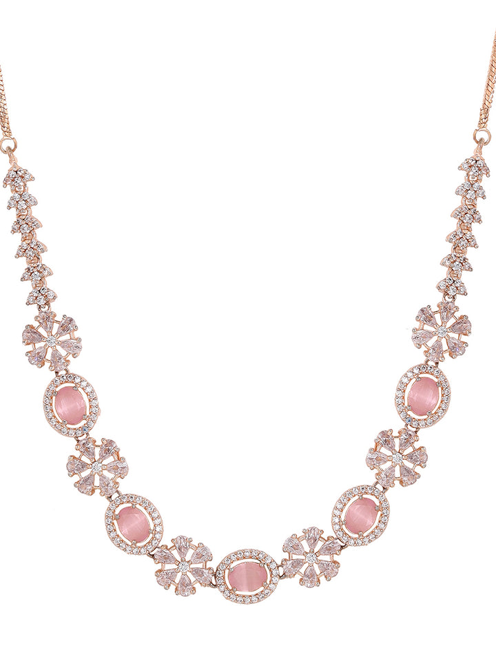 Priyaasi Floral Rosegold plated Adorned Geometrical Design Necklace with Drop Style Earrings Jewellery Set
