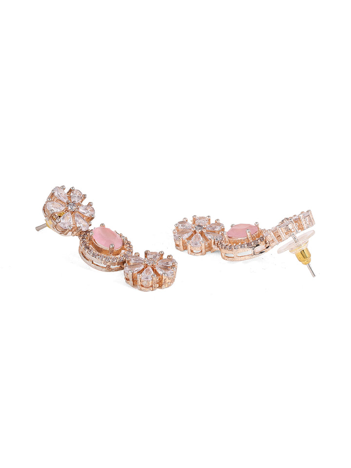 Priyaasi Floral Rosegold plated Adorned Geometrical Design Necklace with Drop Style Earrings Jewellery Set