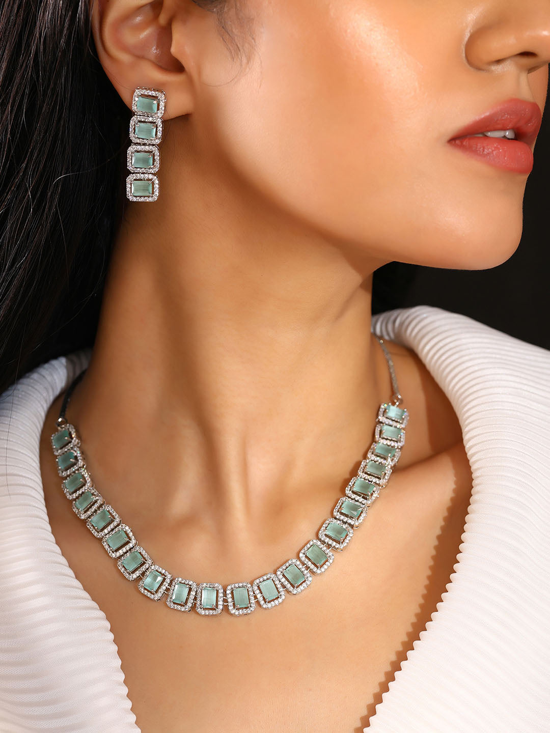 Priyaasi Timeless Elgeance AD Mint Stone Geometrical Pattern Necklace with MIni Drop Earrings Jewellery Set