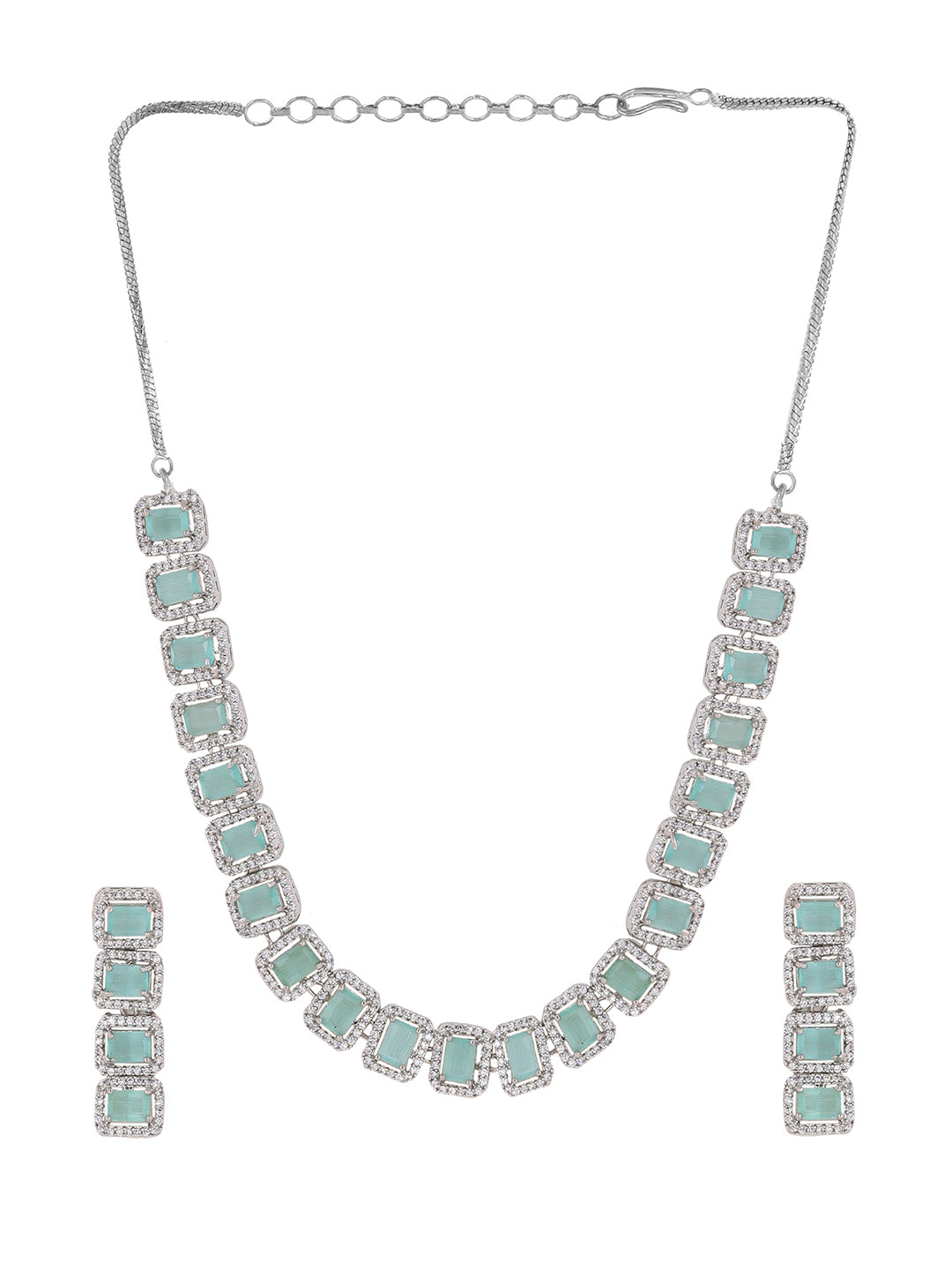 Priyaasi Timeless Elgeance AD Mint Stone Geometrical Pattern Necklace with MIni Drop Earrings Jewellery Set