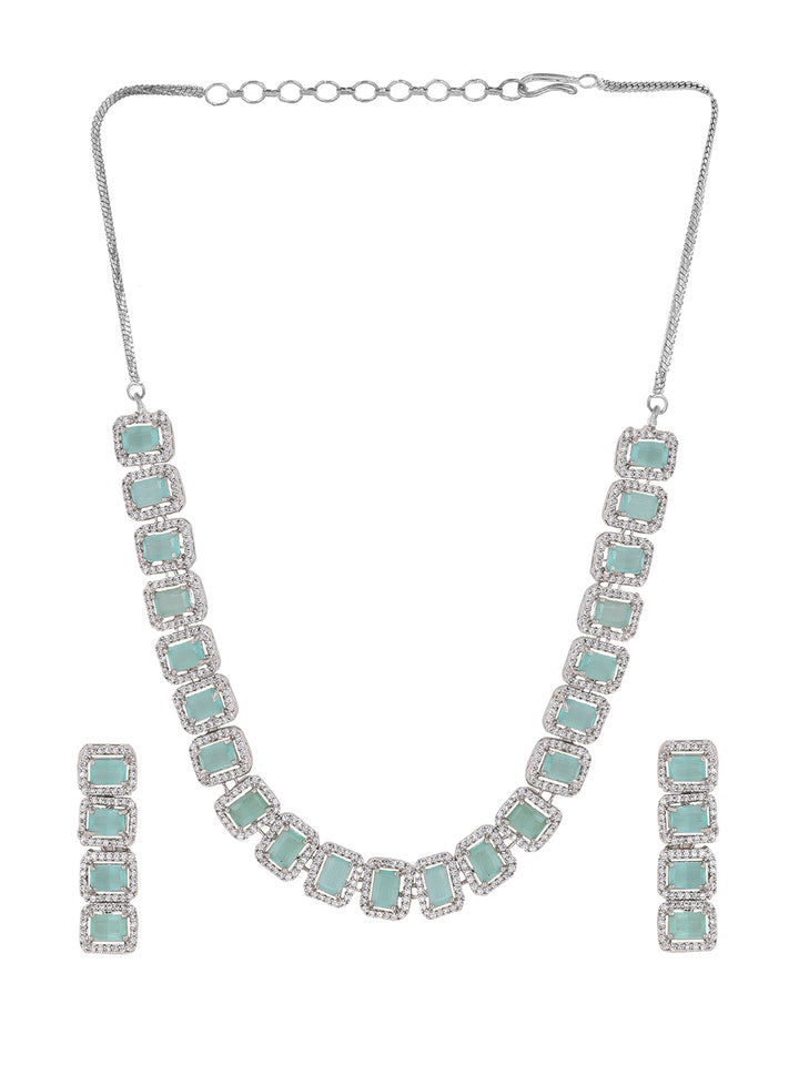 Priyaasi Timeless Elgeance AD Mint Stone Geometrical Pattern Necklace with MIni Drop Earrings Jewellery Set