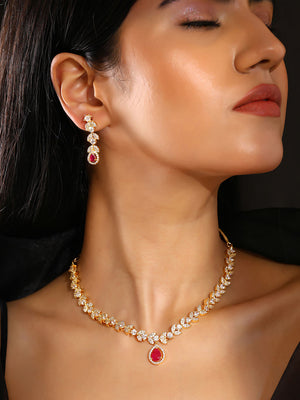 Priyaasi Ruby Stone AD FLoral Rose gold plating Necklace with Drop Earrings Jewellery Set