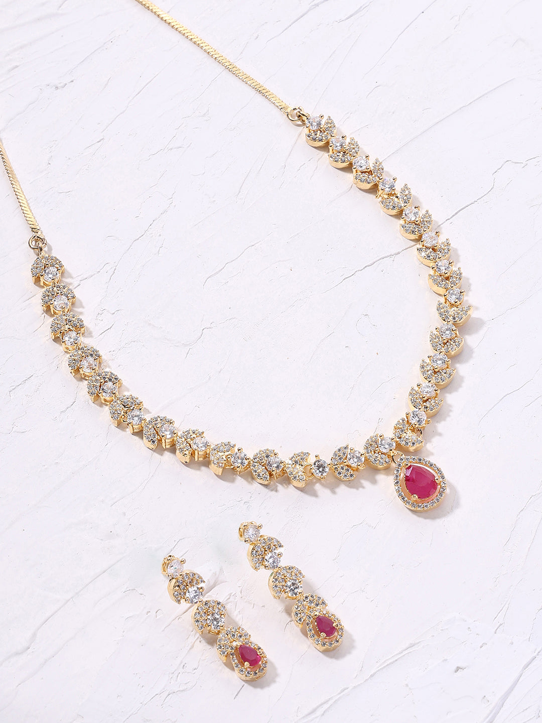 Priyaasi Ruby Stone AD FLoral Rose gold plating Necklace with Drop Earrings Jewellery Set