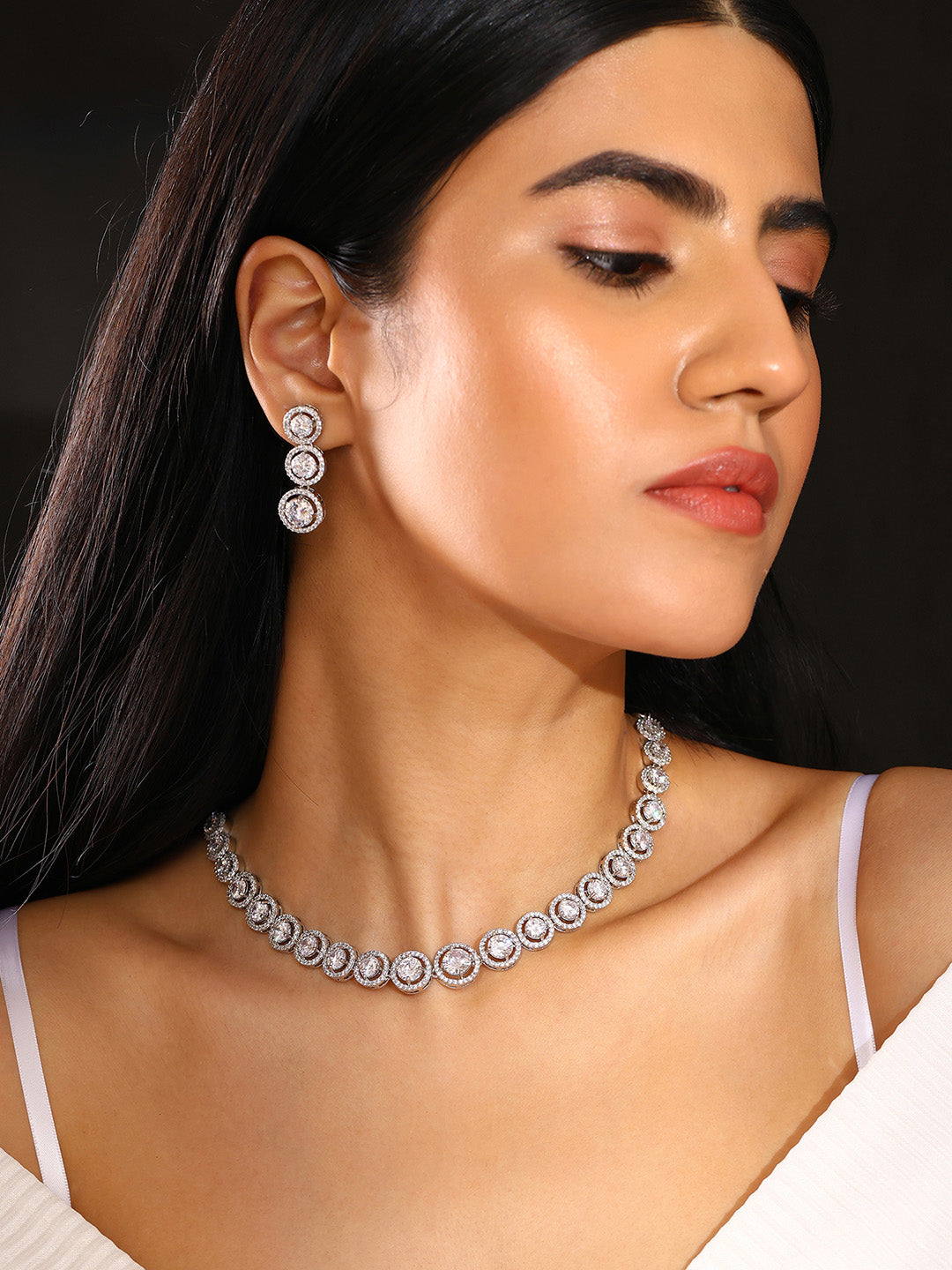 Priyaasi AD Statement Design Silver Plating Geometrical Necklace with Opulent Drop Earrings Jewellery Set