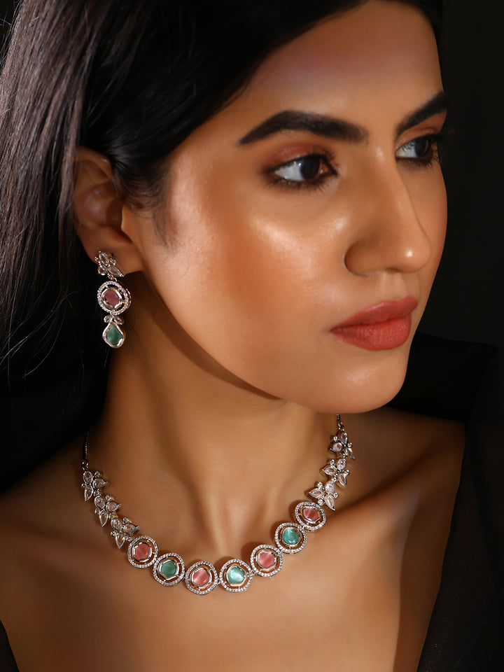 Priyaasi Floral Dual Color AD Fashion Necklace with Drop Style Earrings Jewellery Set