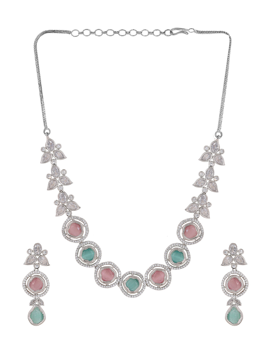 Priyaasi Floral Dual Color AD Fashion Necklace with Drop Style Earrings Jewellery Set