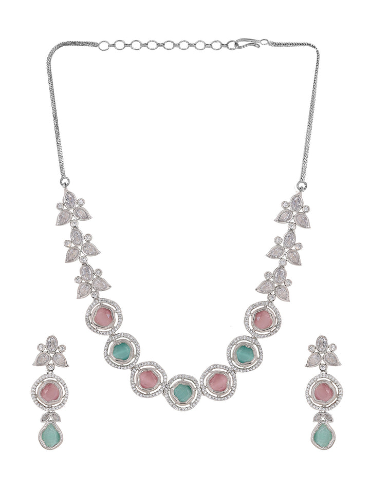 Priyaasi Floral Dual Color AD Fashion Necklace with Drop Style Earrings Jewellery Set