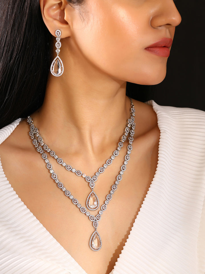 Priyaasi Geometrical AD Two layered Transparent Stone Pendant Necklace with Drop Earrings Silver Plated Jewellery Set