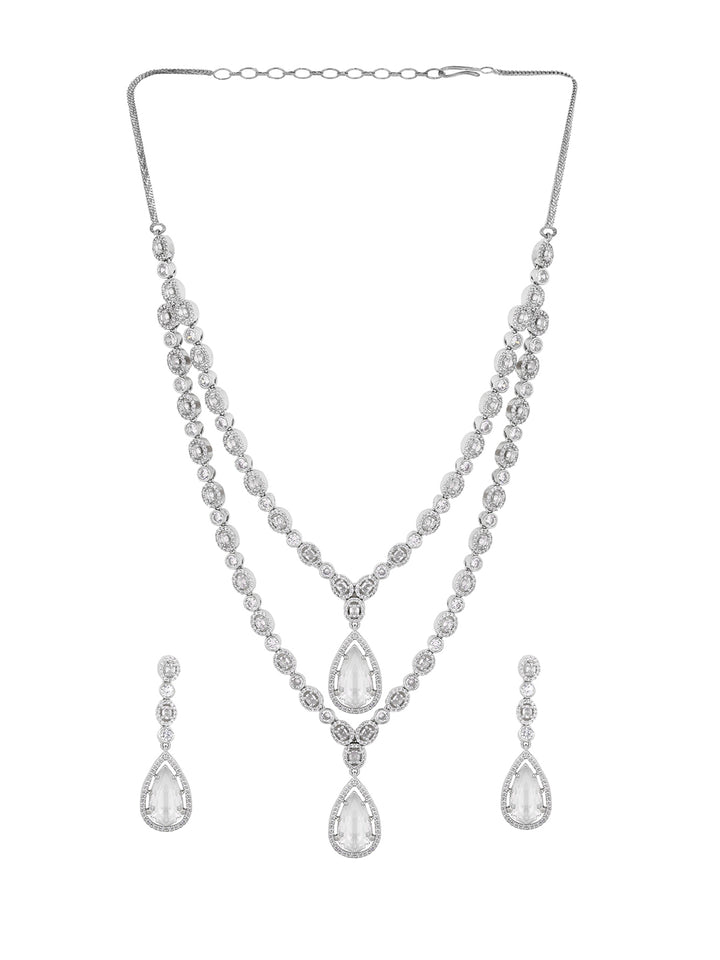 Priyaasi Geometrical AD Two layered Transparent Stone Pendant Necklace with Drop Earrings Silver Plated Jewellery Set