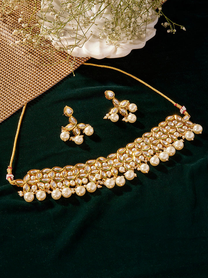 Priyaasi Royal Floral Kundan Pearl Necklace with Simple Drop Earrings Jewellery Set