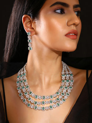 Priyaasi Floral Emerald AD Design Three Layered Necklace with Elegance Drop Earrings Jewellery Set