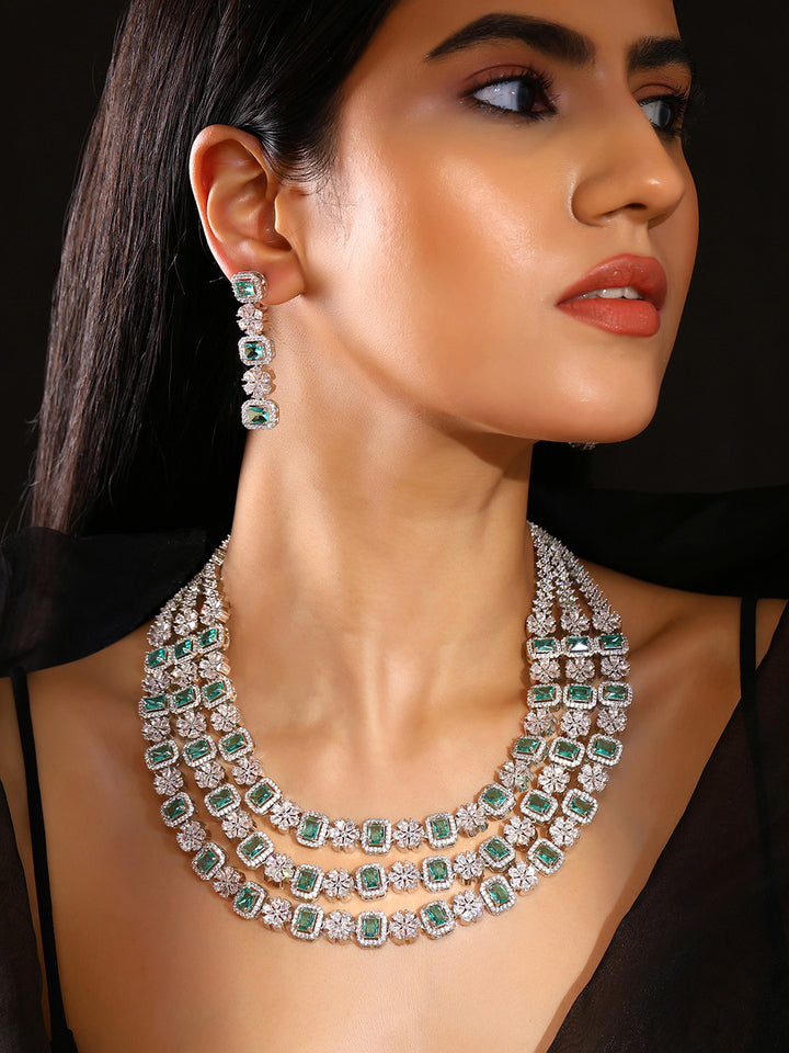 Priyaasi Floral Emerald AD Design Three Layered Necklace with Elegance Drop Earrings Jewellery Set