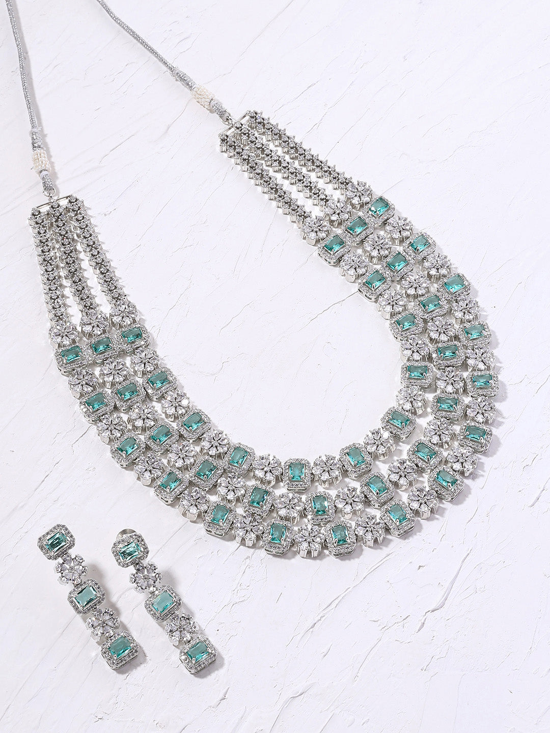 Priyaasi Floral Emerald AD Design Three Layered Necklace with Elegance Drop Earrings Jewellery Set