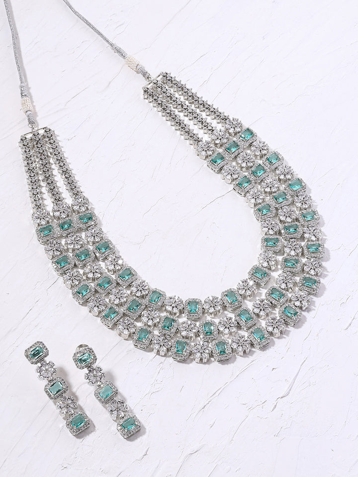 Priyaasi Floral Emerald AD Design Three Layered Necklace with Elegance Drop Earrings Jewellery Set