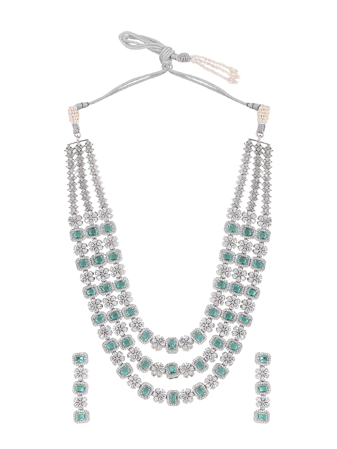 Priyaasi Floral Emerald AD Design Three Layered Necklace with Elegance Drop Earrings Jewellery Set