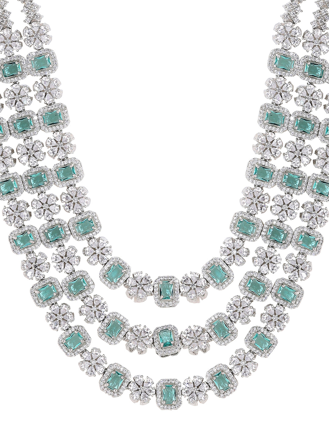 Priyaasi Floral Emerald AD Design Three Layered Necklace with Elegance Drop Earrings Jewellery Set
